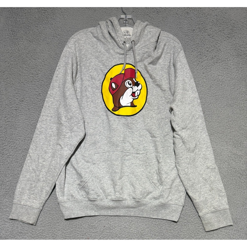 Buc-ee's Men's L Gray Fleece Hoodie Sweatshirt Logo Graphic Kangaroo Pocket